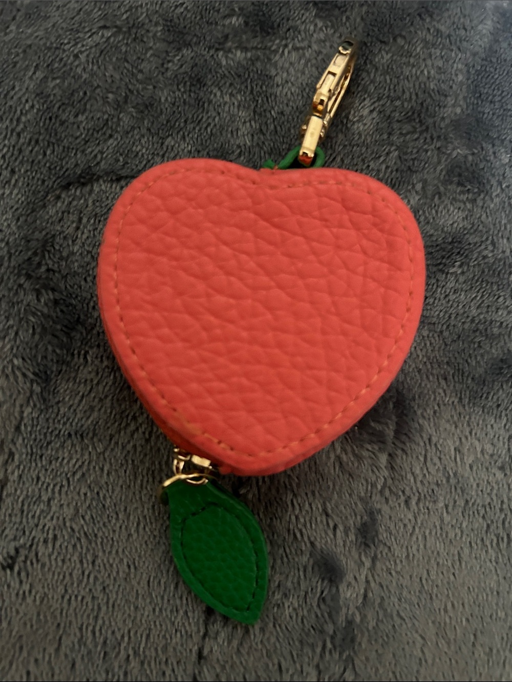 Peach-Shaped Coral Keychain Coin Purse  with Green Leaf Accents - Picture 3 of 3